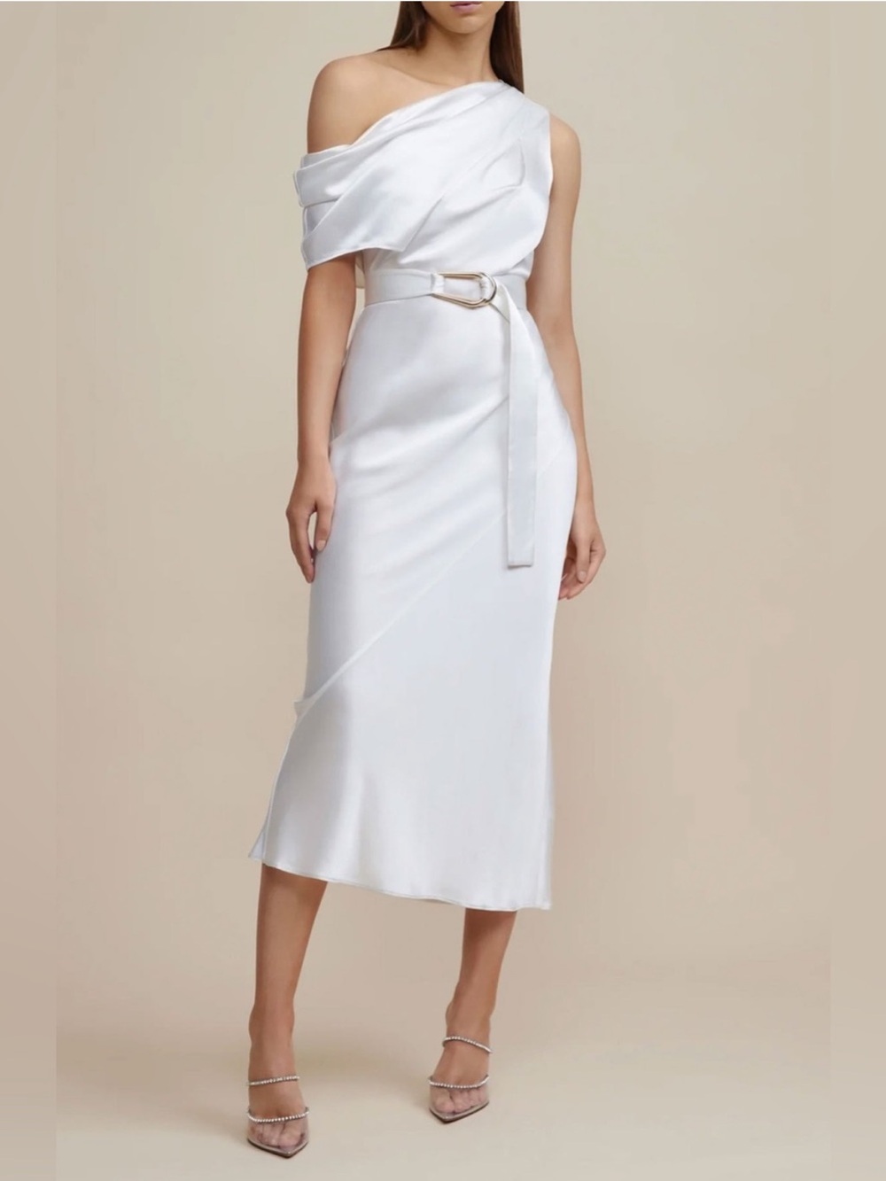Acler Boise Satin Asymmetrical One Shoulder Midi Dress White NWT